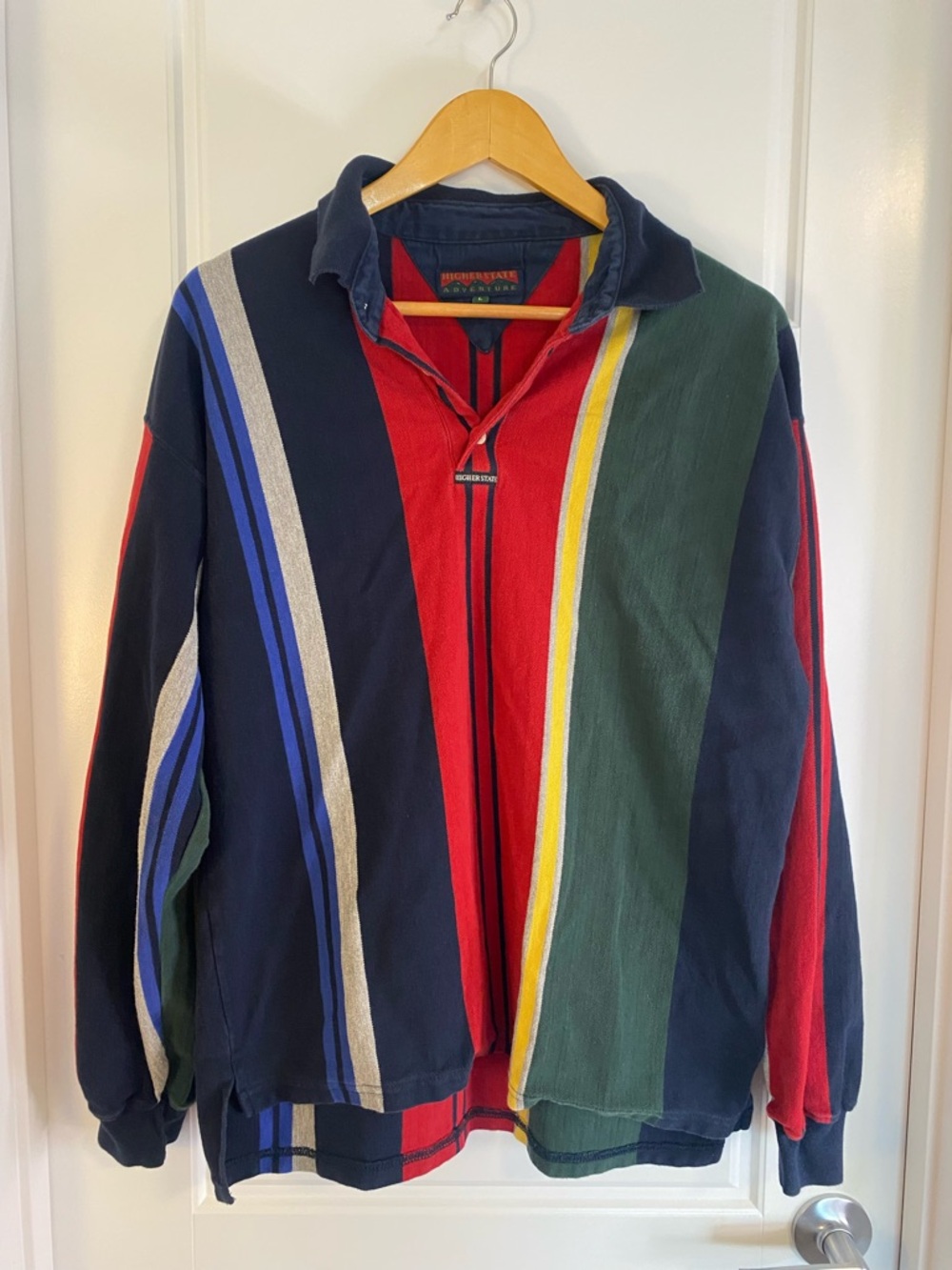 Vintage 90s Colorblock Stripes Rugby Shirt Higher State Adventure Size L Retro - Picture 2 of 8